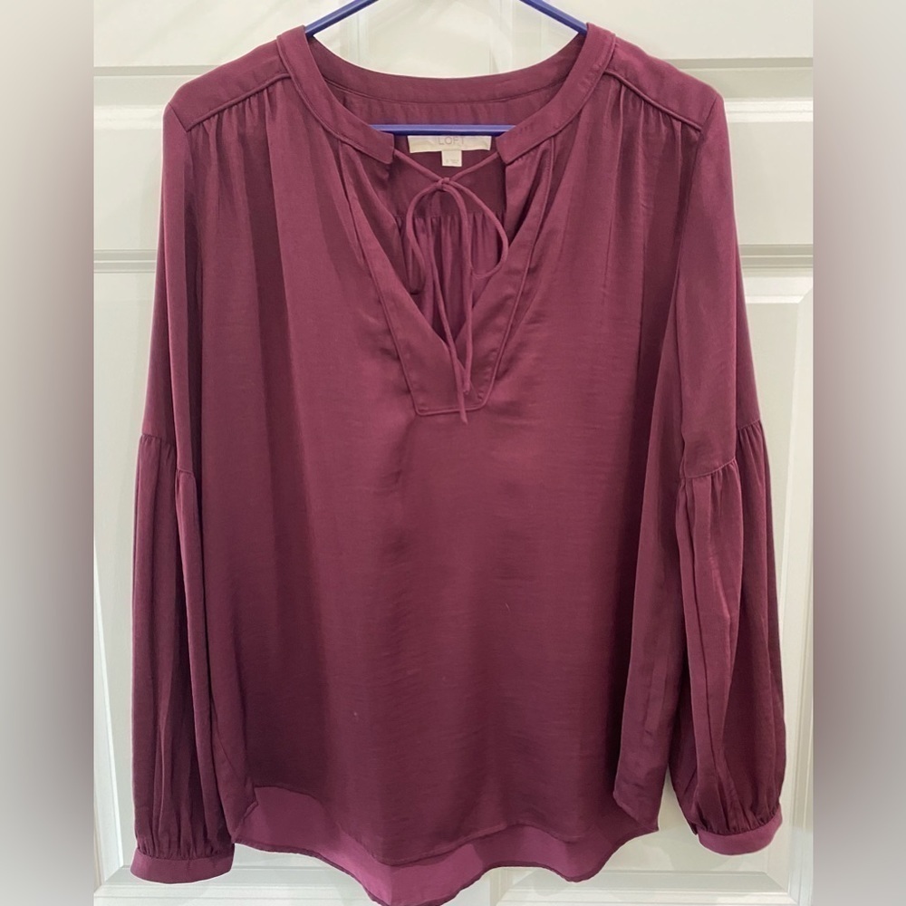 Women's Lantern‎ Sleeve Tunic Blouse Flowy Tieing V Neck Loose Wine Color Size S